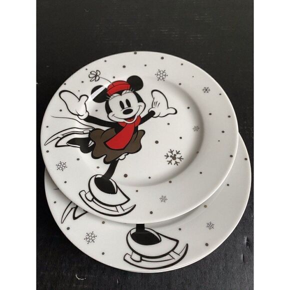 Set Of 4 Disney Minnie Mouse Christmas Salad Plate Ice Skating Holiday Snowflake - Picture 7 of 7